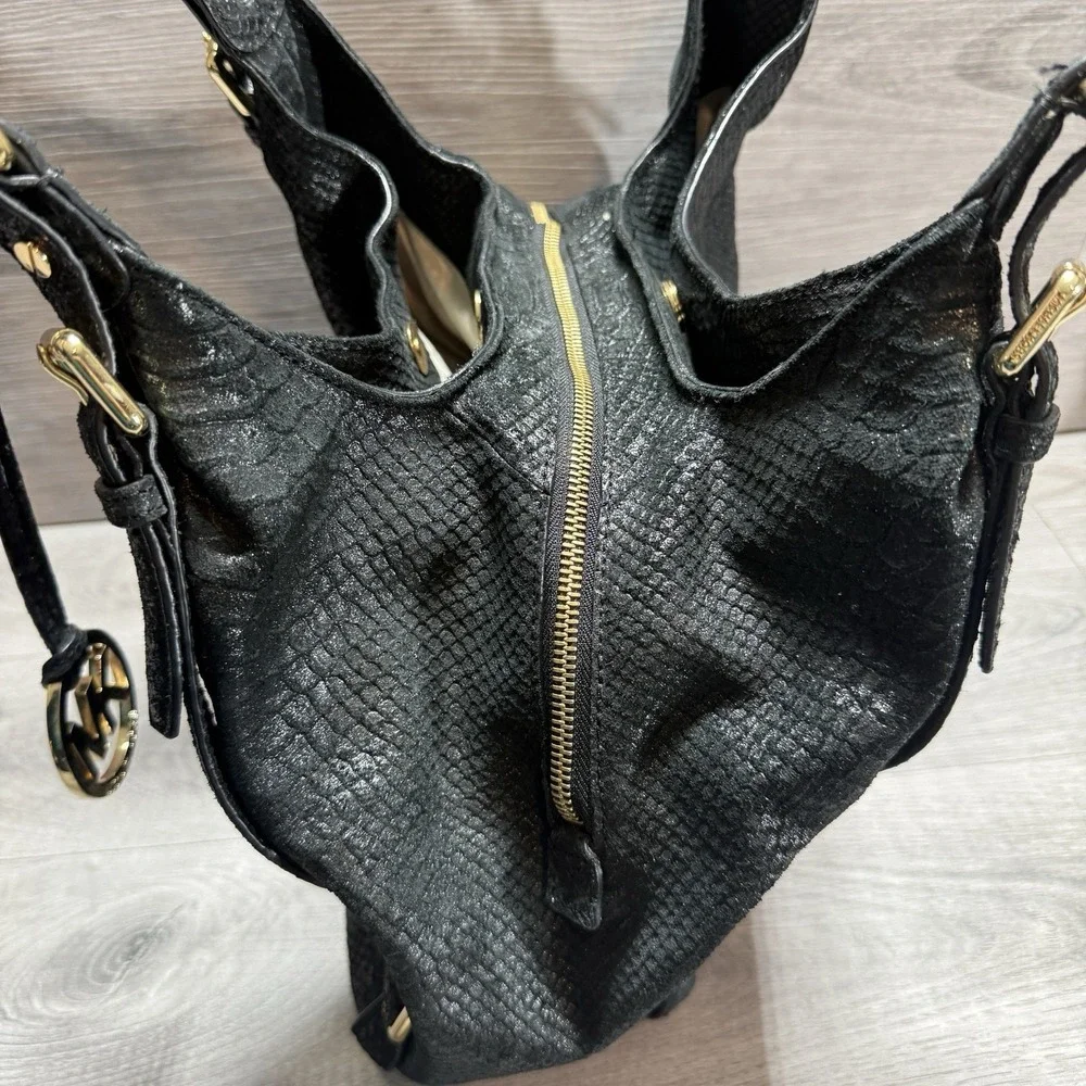 Michael Kors Black Snakeskin Embossed Leather Hobo Shoulder Bag Purse Genuine